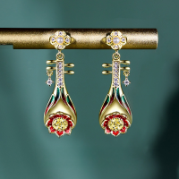 wholesale S925 Sterling Silver Vintage Style Earrings with a Sense of Luxury, Dunhuang Pipa Design, Rotatable Lotus Flower Earrings-925 sterling silver electroplated 14K yellow 925 silver