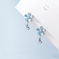 wholesale S925 Sterling Silver Forest-style Blue Five-petal Floral Sweet Maiden Earrings with Diamond Accents and Delicate Tassel Drop Earrings G7509-0-1