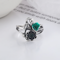 wholesale S925 Sterling Silver Vintage Style Enamel Lotus Leaf and Flower 3D Exquisite Adjustable Ring-0-2