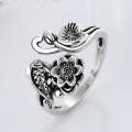 wholesale S925 Sterling Silver Retro Resin Lotus Carp Seedpod Creative Adjustable Ring for Women-0-1