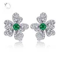 wholesale S925 Silver New European Style Simulated Emerald Earrings, Elegant Stud Earrings with Micro-Pave Setting-Green 925 Silver