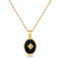 wholesale S925 sterling silver gold-plated autumn new retro light luxury oval black agate pendant court-style floral necklace custom-10K gold + swimming paint (pendant does not include chain)  925 silver