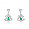 wholesale S925 Sterling Silver Fashionable Small Skirt Fan Earrings Light Luxury Style with Lab-Grown Emerald Accent-0-0
