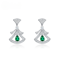 wholesale S925 Sterling Silver Fashionable Small Skirt Fan Earrings Light Luxury Style with Lab-Grown Emerald Accent-Cultured Emerald (0.9CT)  925 Silver