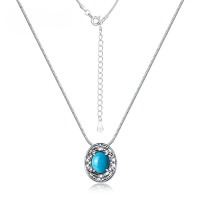wholesale S925 sterling silver plated with white gold, new geometric synthetic turquoise necklace for women vintage style, dropshipping-Thick Silver Platinum 925 Silver