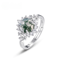 wholesale S925 Sterling Silver European and American New Fashion Popular Moss Ring for Women, Inlaid with Moss Agate, Wholesale from Manufacturers-Thick silver platinum Adjustable opening