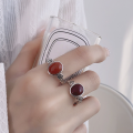 wholesale S925 Sterling Silver Retro Antique Coin Red Agate Blood Amber Stone Chinese Vintage Style Trendy Adjustable Ring for Women-0-0