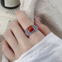 wholesale S925 Sterling Silver Vintage Style Retro Square-cut Red Agate Wide Band Engraved Pattern Adjustable Open-back Ring-1440FJ/approx. 5.1g Opening adjustable