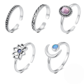 wholesale S925 Sterling Silver Moon Flower Zircon Opal Adjustable Ring For Women-0-0