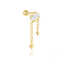wholesale S925 Sterling Silver Geometric Zirconia Star Moon Bead Threaded Cartilage Stud With Classic Fringe-Single gold #3