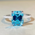 wholesale PT950 gold plated 925 sterling silver aquamarine ring for women, fully encircled with diamonds, emerald cut, banquet-style, rock candy design-0-0