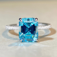 wholesale PT950 gold plated 925 sterling silver aquamarine ring for women, fully encircled with diamonds, emerald cut, banquet-style, rock candy design-White Diamond-CBJZ111 No.9