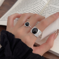 wholesale S925 Sterling Silver Wide Band Natural Black Agate Ring for Women, Ins Niche Aesthetic High-End Sense Ring-0-0