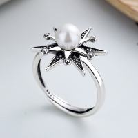 wholesale S925 Sterling Silver Korean Dongdaemun Retro Sunflower Pearl Elegant and Versatile Open Adjustable Ring for Women-YFJ303/approx. 3.3g>Adjustable opening