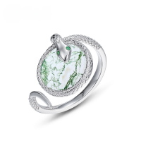 wholesale S925 Sterling Silver Exaggerated and Unique Green Moss Ring with Green Diamond Inlay, Trendy Fashion Jewelry for Wholesale-Thick silver platinum Adjustable opening