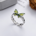 wholesale S925 Sterling Silver Korean-style Small Fresh Epoxy Enamel Green Butterfly Openwork Design Adjustable Ring-0-0