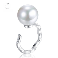 wholesale S925 Silver European and American Minimalist Geometric Open Ring with 14mm Shell Pearl, Aloof Style Band-K018 Pearl Ring Adjustable opening