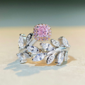 wholesale 925 Sterling Silver Adjustable Open Ring with Pink Diamond, Leaf Design, Ins Style Minimalist Ring-0-0