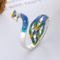 wholesale S925 Sterling Silver Vintage Enamel Peacock Drip Glaze Craft Ethnic Bohemian Adjustable Ring-0-0