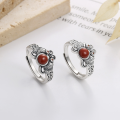 wholesale S925 Sterling Silver Double Koi Fish Coin Inlaid with Southern Red Agate Ring Ethnic Style Index Finger Ring-0-0