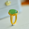 wholesale 925 silver gold-plated openwork "Jade Maiden" ring in court retro style, featuring inlaid Hetian white jade and green jade with ingot motifs-0-3