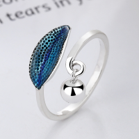 wholesale S925 Sterling Silver Blue Resin Morning Dew Leaf Small Bead Pendant Adjustable Ring, Unique Niche Index Finger Ring-741FJ/approx. 2.6g Adjustable opening