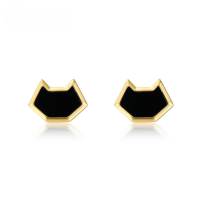 wholesale S925 Sterling Silver Japanese New Fashion Minimalist Cute Cat Stud Earrings Women Small Black Onyx Earrings Wholesale Custom-10K gold + swimming paint  925 silver