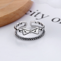 wholesale S925 Sterling Silver Vintage Antique Double-Layer Cute 3D Bow Gift for Girlfriend Adjustable Ring-0-1