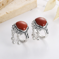 wholesale S925 sterling silver auspicious lock tassel southern red agate ring, vintage ethnic style with classical elegance index finger ring-866JM/polished about 5.8g>Opening adjustable