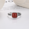 wholesale S925 Sterling Silver Vintage Ethnic Style Square Red Agate Stone Artistic Antiqued Design Adjustable Ring for Women-0-3