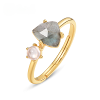 wholesale S925 Sterling Silver Gold Plated, Japanese and Korean Minimalist Fashion Elongated Stone Ring, Light Luxury Trendy Women's Small Accessory Wholesale-Labradorite Adjustable opening