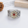 wholesale S925 Sterling Silver Creative Retro Wide Band Six-Character Mantra Ring Inlaid with Southern Red Agate, Bold Ethnic Style-0-2