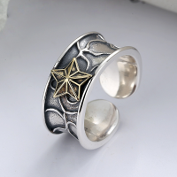 wholesale S925 sterling silver retro irregular textured 3D five-pointed star creative open ring-YJ488/approx. 7.7g>Adjustable opening