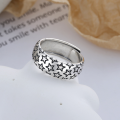 wholesale S925 Sterling Silver Vintage Distressed Star Wide Band Trendy Unisex Minimalist Adjustable Open Ring-0-1