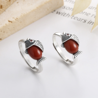 wholesale S925 Sterling Silver Retro Style Southern Red Agate Inlaid "Year After Year Abundance" Adjustable Ring Chinese Style Koi Fortune-YFJ883/polished about 3.1g Opening adjustable