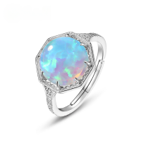 wholesale S925 Sterling Silver Korean Minimalist Geometric Hexagon Ring Fashionable Opal Adjustable Hand Jewelry Wholesale-Bright silver>Adjustable opening