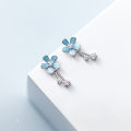 wholesale S925 Sterling Silver Forest-style Blue Five-petal Floral Sweet Maiden Earrings with Diamond Accents and Delicate Tassel Drop Earrings G7509-0-3