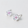 wholesale S925 Silver Narcissus Earrings for Women, Small Fresh Pink Diamond Flower Studs, Elegant Peach Blossom Sweet Jewelry for Women E5206-0-0