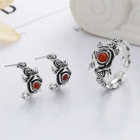 wholesale S925 Sterling Silver Vintage Retro Rose Three-Dimensional Textured Growth Design Artistic Style Adjustable Ring for Women-YJ950M/earrings approx. 4.2g &gt; opening adjustable