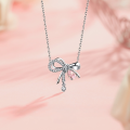 wholesale S925 Sterling Silver Maker's Sparkling Bow Necklace for Women, Luxe Rhinestone Pendant, High-End Collarbone Chain, Holiday Gift-0-0