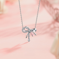 wholesale S925 Sterling Silver Maker's Sparkling Bow Necklace for Women, Luxe Rhinestone Pendant, High-End Collarbone Chain, Holiday Gift-Pink zirconium bow (labor price, excluding silver)  925 silver