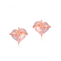 wholesale S925 Sterling Silver Korean Heart-shaped Bow Earrings with Natural Rose Quartz, Fashionable and Trendy, Wholesale from Manufacturer-Rose gold + swimming paint  925 silver