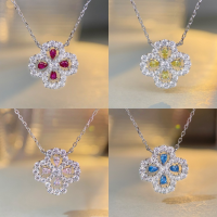 wholesale S925 Sterling Silver New Amazon Cross-Border Bestseller Four-Leaf Clover Full Diamond Pendant Necklace Women's Collarbone Chain Jewelry Wholesale-Rose Red Diamond 925 Silver