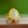 wholesale Silver-plated gold-tone certificate-included floral branch Hetian jade women's ring, vintage Chinese-style adjustable index finger jade ring-0-0