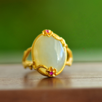wholesale Silver-plated gold-tone certificate-included floral branch Hetian jade women's ring, vintage Chinese-style adjustable index finger jade ring-Gold Flower Jade Ring>Adjustable opening