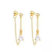 wholesale S925 Sterling Silver Single Zircon Fringe Chain Back Earring,-Gold#2 925 Silver