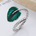 wholesale S925 Sterling Silver Vintage Resin Leaf VineOpen Adjustable Ring with Fresh Design for Women-0-1