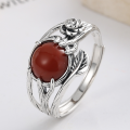 wholesale S925 Sterling Silver Branch Spliced Rose Leaf Style Inlaid with Southern Red Agate Ring Pastoral Wind Ring-0-2