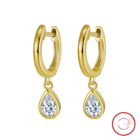 wholesale S925 Sterling Silver Jewelry, Teardrop Dangle Hoop Earrings with 4A Zirconia Inlay, Versatile European-American Style, Manufacturer-14K gold