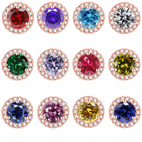 wholesale Pure Silver European & American Women's Earrings Cross-border Gemstone Birthstone Zodiac Zircon Fashion Round Ear Studs Wholesale-White [April] Rose Gold 925 Silver